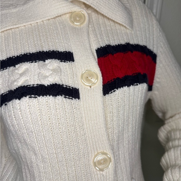 Tommy Hilfiger 90's White Blue and Red Classic Cable Knit Cardigan Size Large - Picture 6 of 14